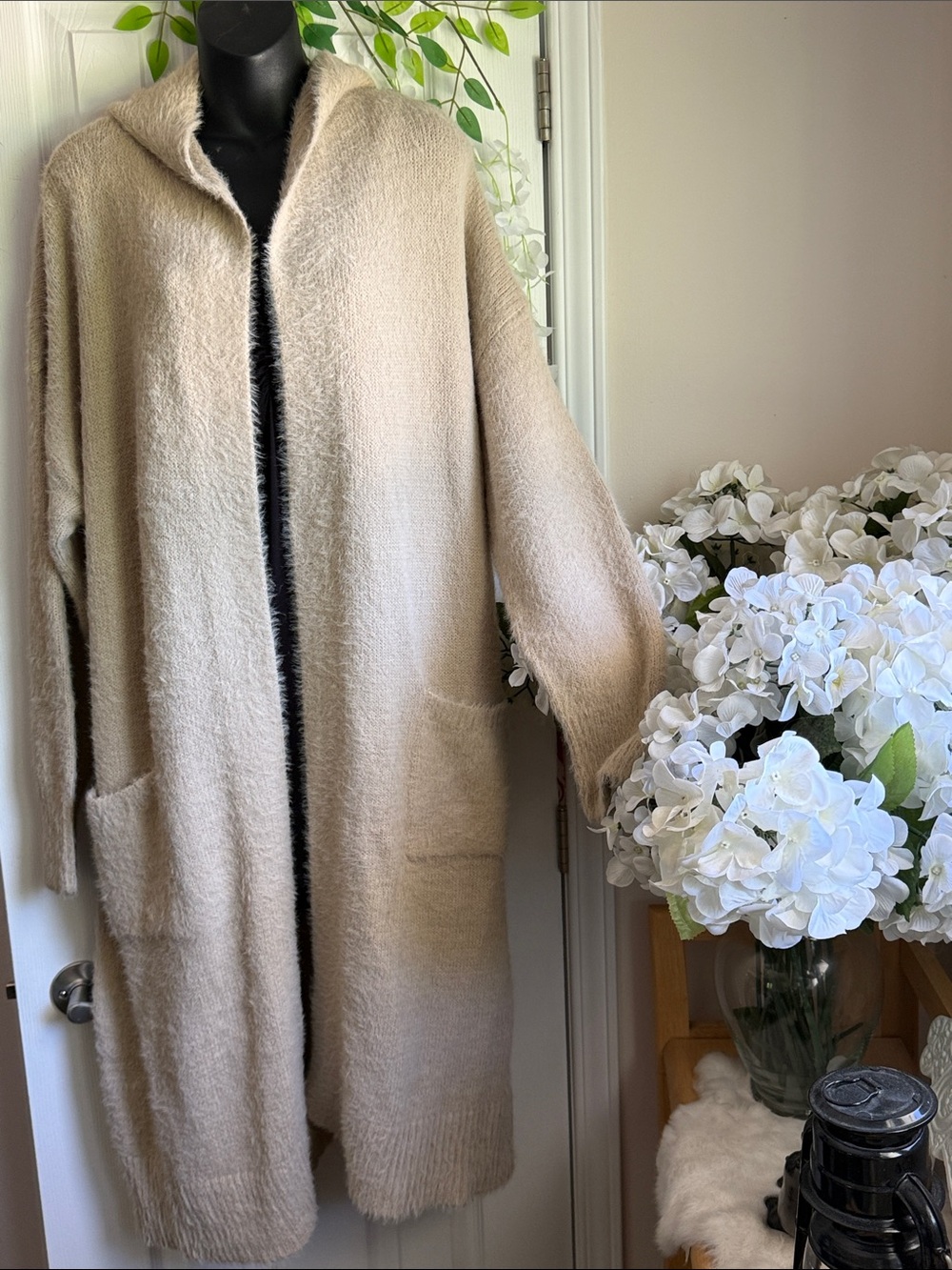 Women's Beige Looong Knit Sweater Fuzzy, Cosy, All season, Atelier Nicole Miller